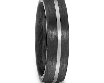 Koolstofvezel & titanium 6mm court trouwring, zwarte bruiloft / belofte ring, gratis graveren, maat J - Z +5, matte afwerking, Unisex carbon ring