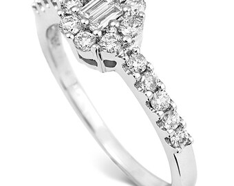 18ct White Gold Diamond Ring With Baguette & Round Diamonds, Diamond Weight 0.20ct, Hallmarked, Handmade, Diamond Set Shoulders