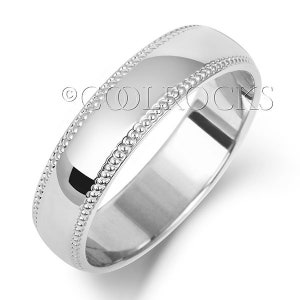 Solid 9ct White Gold D Shape Wedding Ring With a Millgrain Edge From 3mm - 6mm Widths, UK Hallmark, Sizes J - Z, Men&#39;s & Ladies