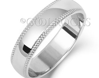 Solid 9ct White Gold D Shape Wedding Ring With a Millgrain Edge From 3mm - 6mm Widths, UK Hallmark, Sizes J - Z, Men's & Ladies