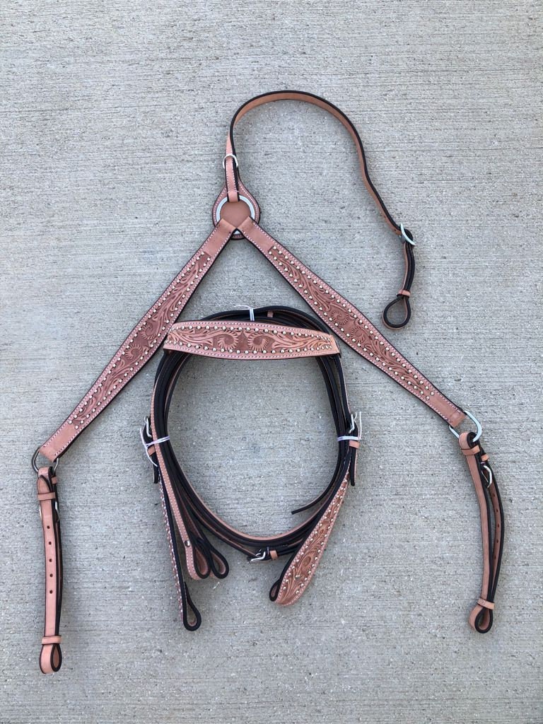 TURQUOISE CRYSTAL WESTERN HEADSTALL BRIDLE BREAST COLLAR LEATHER LOT TACK SET 