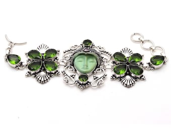 Carved Style FacePeridot Gemstone Bracelet Woman Jewellery Bracelet Gift For Her Bracelet Jewelry Silver Plated Antique Style Bracelet