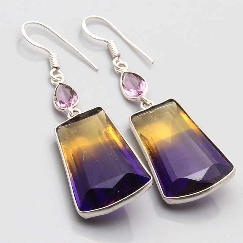 Ametrian Amethyst Faceted gemstone Handmade 925 Sterling Silver Plated Earrings Jewelry USA 587