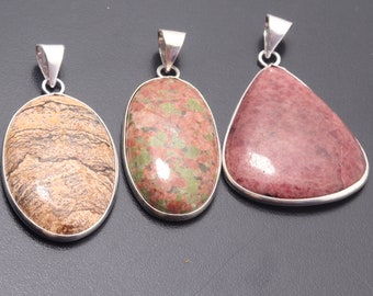 Sterling Silver Plated, Unakite, Picture Jasper, Rhodonite Gemstone, Pendant Jewelry, Pendant 3 X Pendant Lots Jewelry, Gift For Her