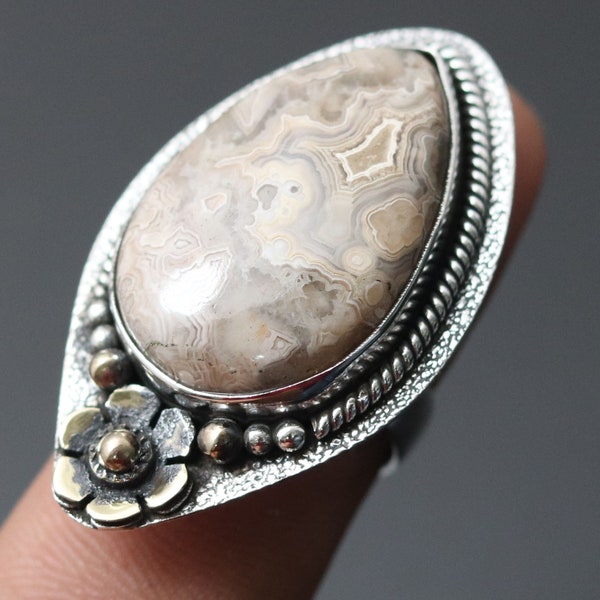 Crazy Lace Agate Gemstone Ring Bijoux Antique Flower Style Ring, Bague réglable Bijoux, Cadeau plaqué argent sterling pour ses bijoux de bague