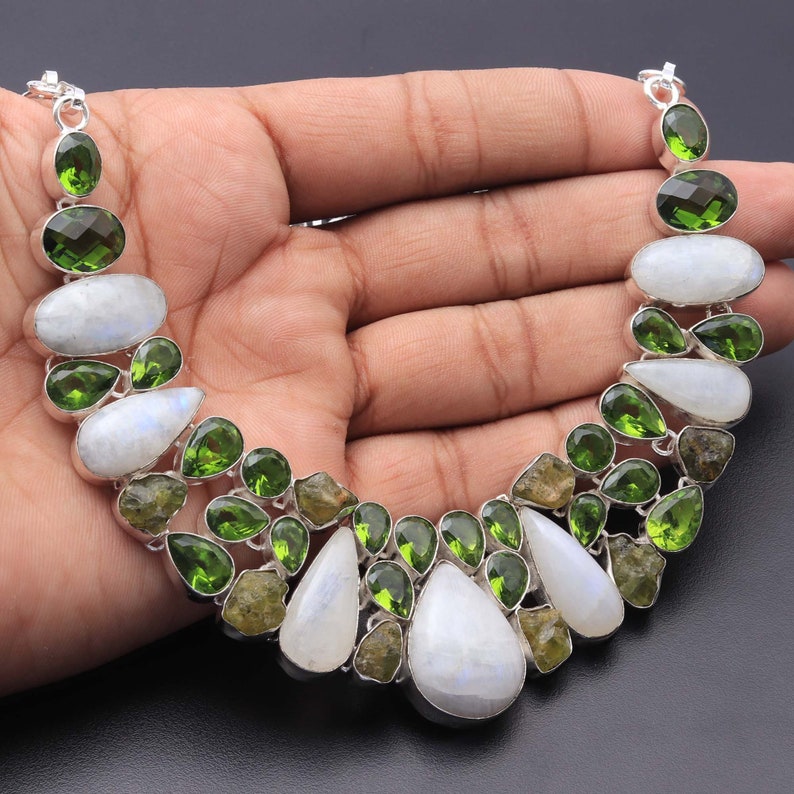 Rainbow Moonstone Peridot Necklace Jewellery Woman Gemstone Cluster Necklace Gift For Girl Sterling Silver Plated Gift For Her
