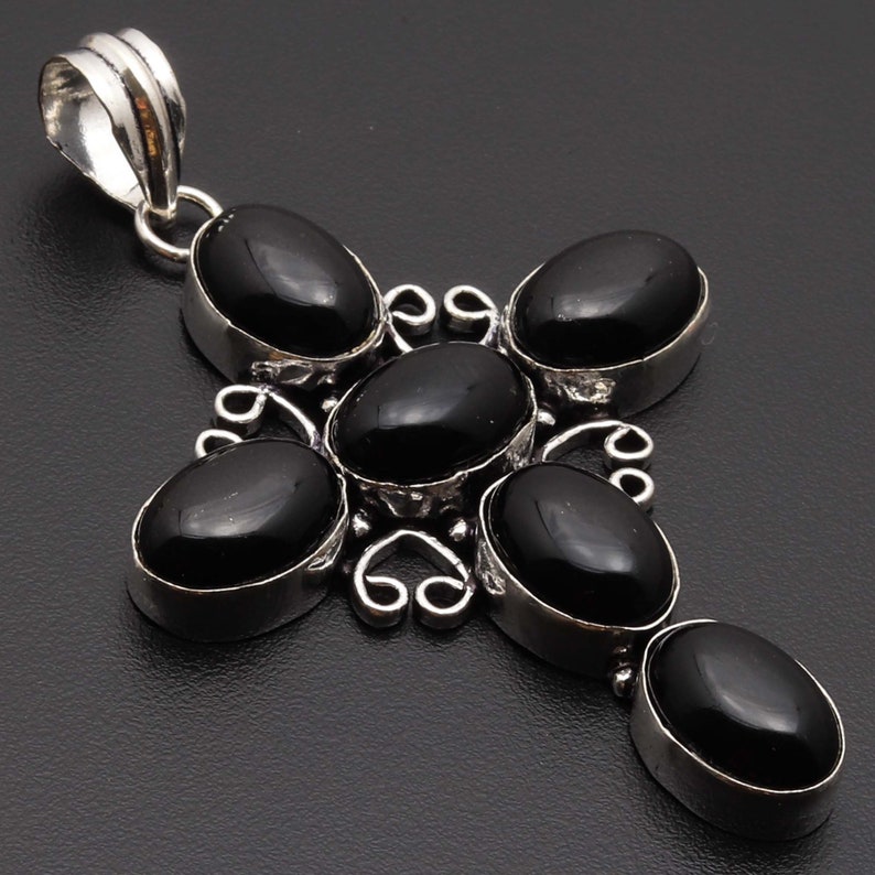 Black Onyx Gemstone Handmade 925 Sterling Silver Plated CROSS Pendant \\ Necklace Jewelry USA 694