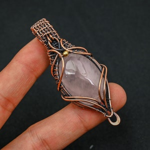 Rose Quartz Pendant Copper Wire Wrap Pendant Handmade Copper Natural Rose Quartz Gemstone Jewelry Pendant Wire Wrapped Jewelry Gift For Love