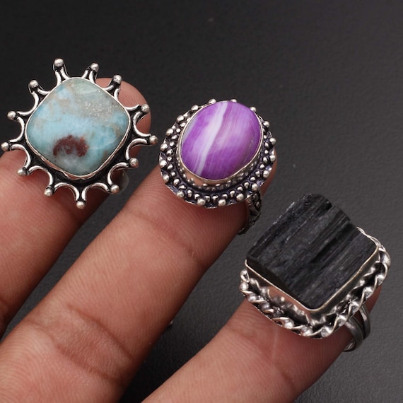 Purple Lace Onyx Larimar Black Tourmaline 3X Lots Ring Jewellery