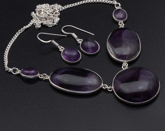 Amethyst Necklace & Earrings Set Jewellery Woman Gemstone Necklace Earrings Gift For Her Sterling Silver Plated Gift For Girl XY316