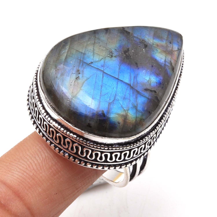 Blue Fire LABRADORITE & Other DROP Stones Ring SIZE OPTION 925 Silver Plated Blue Fire LABRADORITE & Other DROP Stones Ring SIZE OPTION 925 Silver Plated