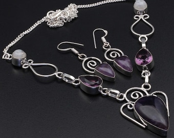 Amethyst Mondstein Halskette & Ohrringe Set Schmuck Frau Edelstein Halskette Ohrring Geschenk für Sie Sterling Versilbert Geschenk für Mädchen XY312