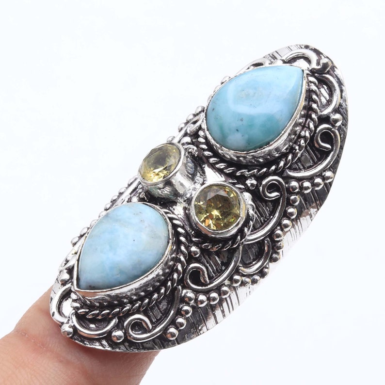 Genuine RARE Larimar Citrine Gemstone Handmade 925 Sterling Silver Plated Antique Style Ring Jewelry USA 555