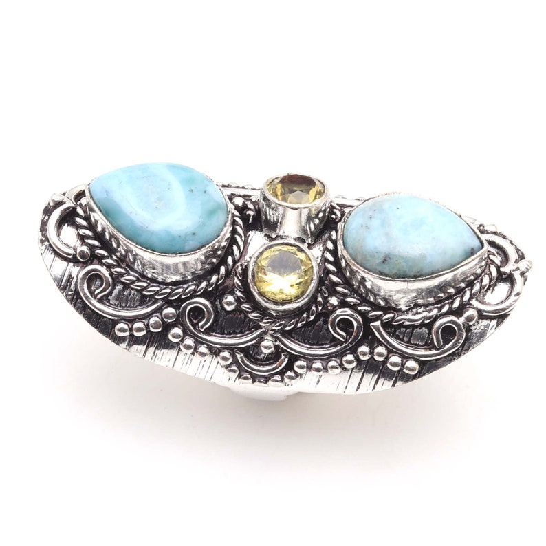 Genuine RARE Larimar Citrine Gemstone Handmade 925 Sterling Silver Plated Antique Style Ring Jewelry USA 555