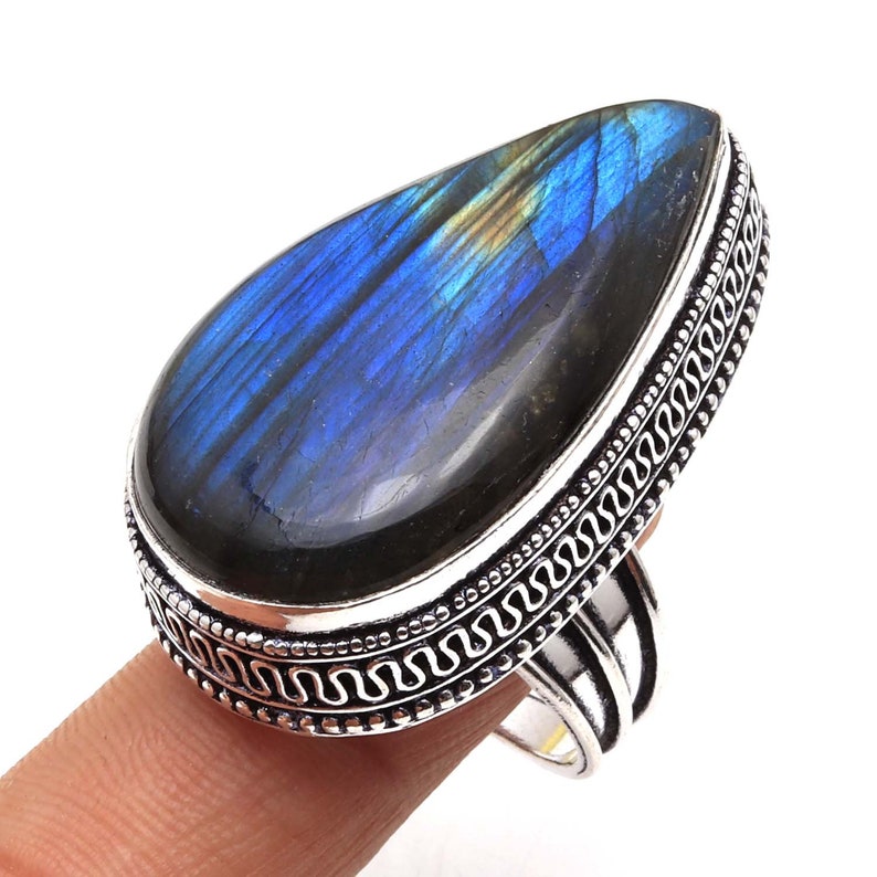 Genuine Blue Fire Labradorite gemstone Vintage style Setting Handmade 925 Sterling Silver Plated Ring Jewelry USA 210