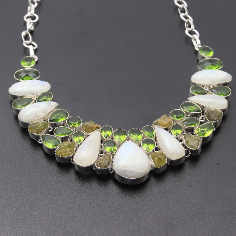 Rainbow Moonstone Peridot Necklace Jewellery Woman Gemstone Cluster Necklace Gift For Girl Sterling Silver Plated Gift For Her