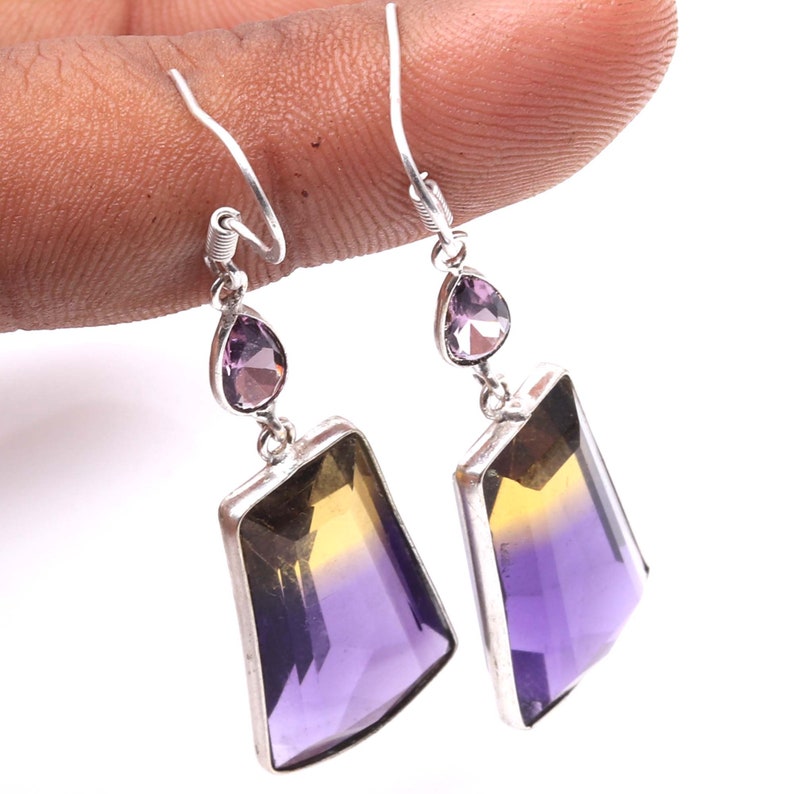 Ametrian Amethyst Faceted gemstone Handmade 925 Sterling Silver Plated Earrings Jewelry USA 587