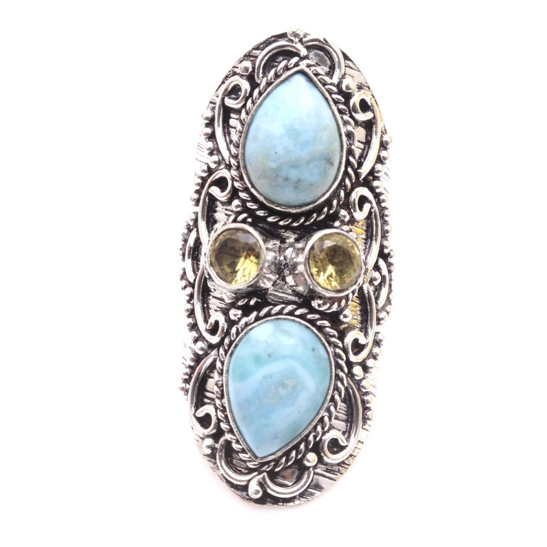 Genuine RARE Larimar Citrine Gemstone Handmade 925 Sterling Silver Plated Antique Style Ring Jewelry USA 555
