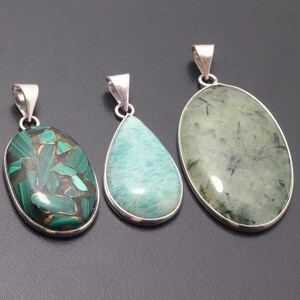 Chapado en plata esterlina, malaquita de cobre, piedra preciosa aguamarina musgo prehnita, joyería colgante, colgante 3 x colgantes lotes joyería, regalo para ella