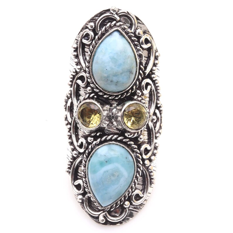 Genuine RARE Larimar Citrine Gemstone Handmade 925 Sterling Silver Plated Antique Style Ring Jewelry USA 555