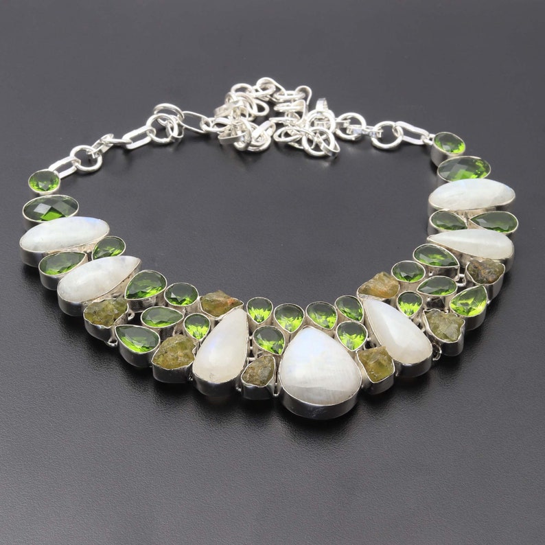 Rainbow Moonstone Peridot Necklace Jewellery Woman Gemstone Cluster Necklace Gift For Girl Sterling Silver Plated Gift For Her
