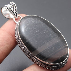 MASSIVE Grey Obsidian Gemstone Pendant Gemstone Vintage Style Pendant Gift For Her Sterling Silver Plated Jewellery Gift For Him