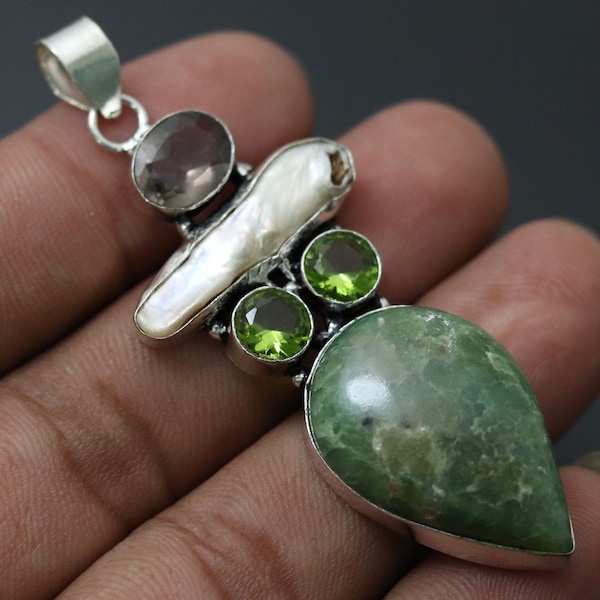 Prehnite Biba Pearl Peridot Smoky Quartz Gemstone Pendant Jewelry Gift For Her Pendant Sterling Silver Plated Multistone Pendant Jewelry