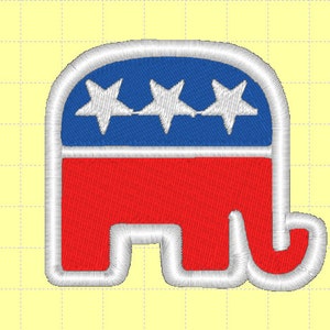 May include: A red, white, and blue embroidered elephant with three white stars on the blue portion of the elephant. The elephant is outlined in white.