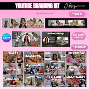 May include: A YouTube branding kit digital template featuring two banners, animated intro and outro graphics, and twelve thumbnail designs. The layout includes text overlays such as YOUTUBE BRANDING KIT, INSTANT DOWNLOAD, 2 BANNERS, and 12 THUMBNAILS.