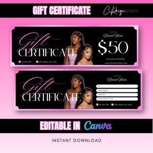May include: A black and pink gift certificate design with the words "Gift Certificate" in a cursive font. The design includes two women, a brand name section, and a £50 value. The bottom of the design says "Editable in Canva" and "Instant Download".