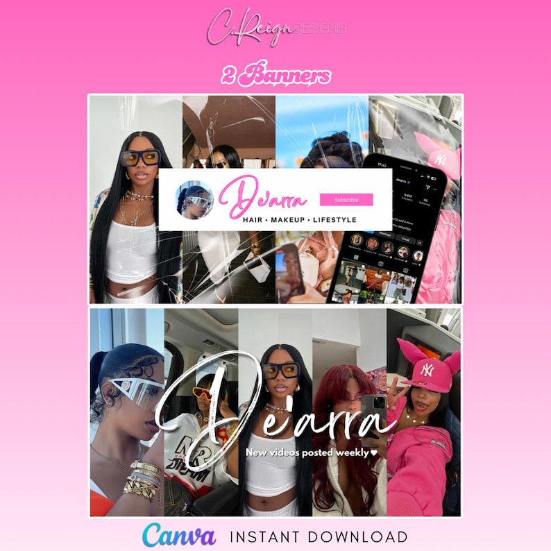 Op de afbeelding: Twee roze en witte social media banners met de tekst "De'arra" in een roze cursief lettertype. De bovenste banner toont een vrouw met lang zwart haar die een zonnebril en een wit topje draagt. De onderste banner toont een vrouw met lang zwart haar die een zonnebril en een wit topje draagt. De tekst "HAIR MAKEUP LIFESTYLE" staat onder de naam op de bovenste banner. De tekst "New videos posted weekly" staat onder de naam op de onderste banner. De tekst "Canva INSTANT DOWNLOAD" staat onderaan de afbeelding.