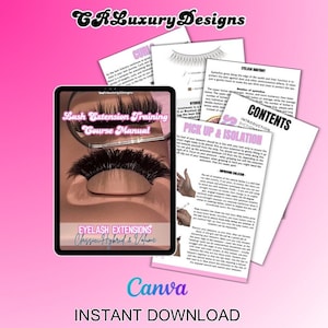 以下が含まれることがあります： ピンクの背景に、「Lash Extension Training Course Manual」というタイトルと「Classic, Hybrid & Volume」というテキストが表示されたデジタルタブレット。 「Canva Instant Download」というテキストも表示されています。