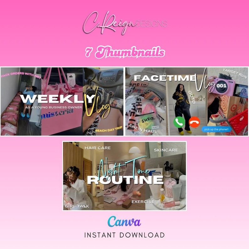 Op de afbeelding: Zeven roze en witte thumbnails voor een YouTube-kanaal. De thumbnails tonen een verscheidenheid aan onderwerpen, waaronder wekelijkse vlogs, FaceTime-vlogs, Target-runs en nachtelijke routines. De thumbnails zijn ontworpen om opvallend en boeiend te zijn.