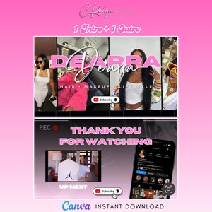 Op de afbeelding: Een roze en zwarte YouTube-intro- en outro-sjabloon met de tekst "Dearra" in wit en de woorden "Hair, Makeup, Lifestyle" in wit. Het sjabloon bevat ook de tekst "Thank You For Watching" en "Up Next" met een rode opnameknop en een abonneerknop.