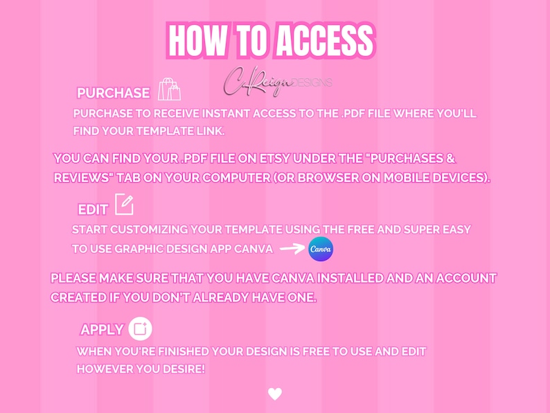 Puede incluir: Gr&aacute;fico rosa y blanco con el texto "HOW TO ACCESS" en negrita, en letras rosas. El gr&aacute;fico proporciona instrucciones sobre c&oacute;mo acceder a una plantilla digital comprada en Etsy. Las instrucciones incluyen la compra de la plantilla, su edici&oacute;n con Canva y la aplicaci&oacute;n del dise&ntilde;o.