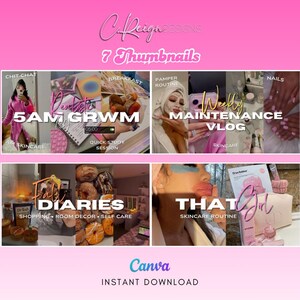 Op de afbeelding: Een collage van zeven roze en witte thumbnails voor een YouTube-kanaal. De thumbnails tonen een verscheidenheid aan onderwerpen, waaronder huidverzorging, make-up en lifestyle. De tekst op de thumbnails omvat "5AM GRWM", "Wekelijkse onderhoudsvlog", "Herfst-dagboeken" en "Dat meisje".