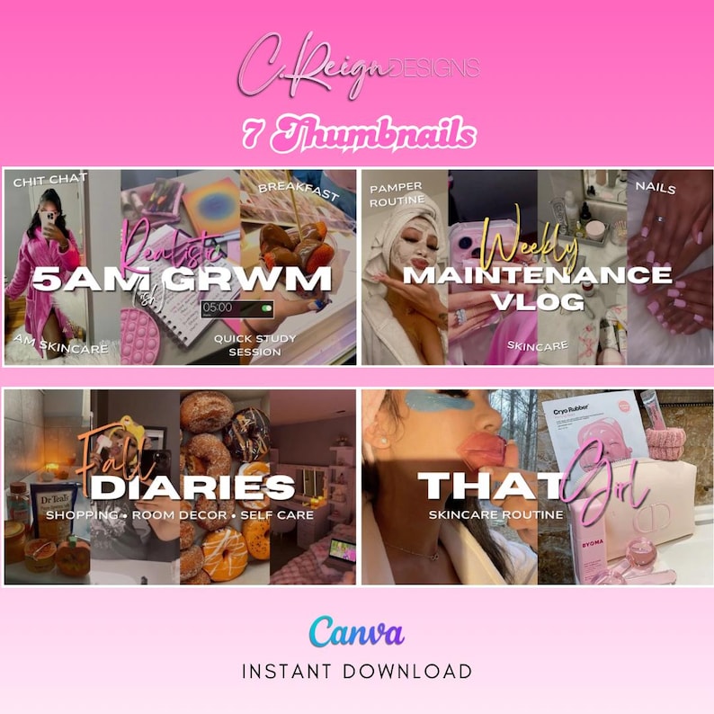 Op de afbeelding: Een collage van zeven roze en witte thumbnails voor een YouTube-kanaal. De thumbnails tonen een verscheidenheid aan onderwerpen, waaronder huidverzorging, make-up en lifestyle. De tekst op de thumbnails omvat "5AM GRWM", "Wekelijkse onderhoudsvlog", "Herfst-dagboeken" en "Dat meisje".