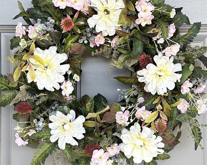 Zinnia Flower Wreath: Pink Thistle & Greenery Front Door Decor