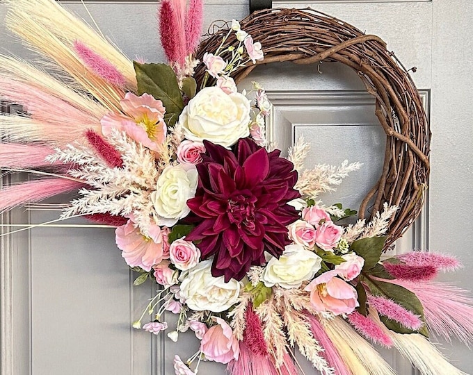 Magenta Dahlia Wreath: Modern Boho Pampas Grass Front Door Decor