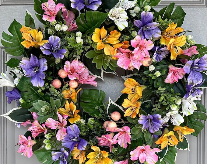 Alstroemeria Wreath: Colorful Peruvian Lilies, Berries & Lotus