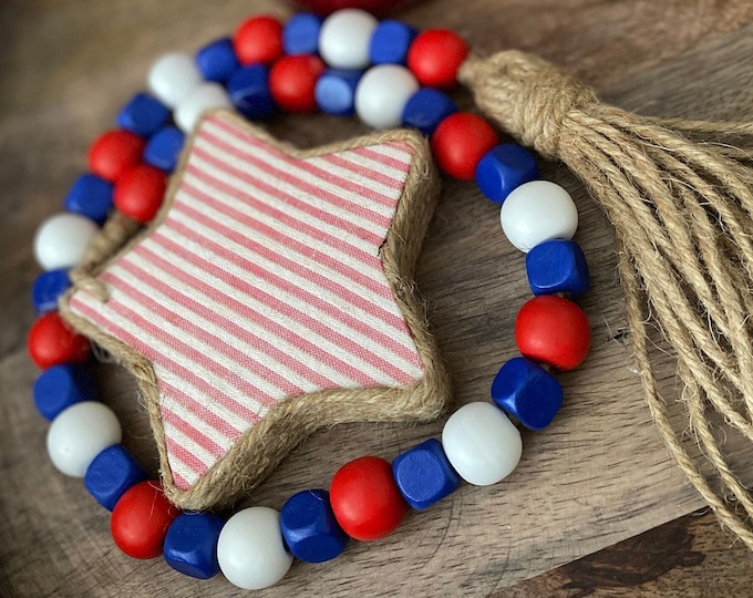 Patriotic Wood Bead Garland: 4th of July Farmhouse Decor