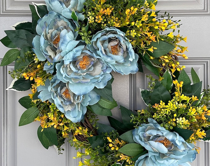 Blue Peony & Yellow Flower Wreath: Modern Farmhouse Decor