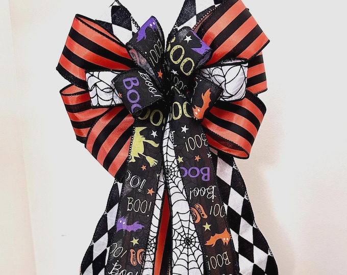 Halloween Bow for wreath and lanterns: Spider Web Ribbon, Black and Orange Topper