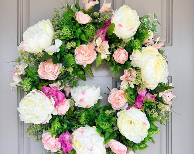 White Peony Blush Pink Garden Wreath | Elegant Everyday Door Decor