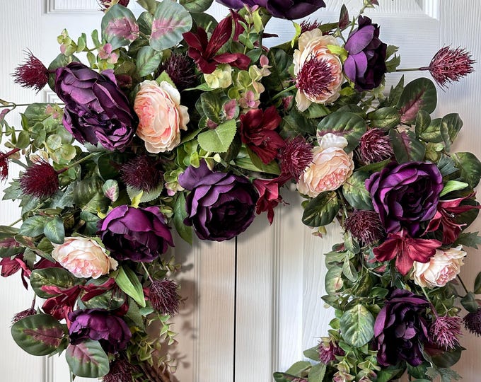 Elegant Purple and Blush Pink Grapevine Wreath with Peonies, Ranunculus, Alstroemeria