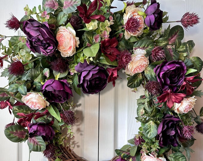 Elegant Purple and Blush Pink Grapevine Wreath with Peonies, Ranunculus, Alstroemeria