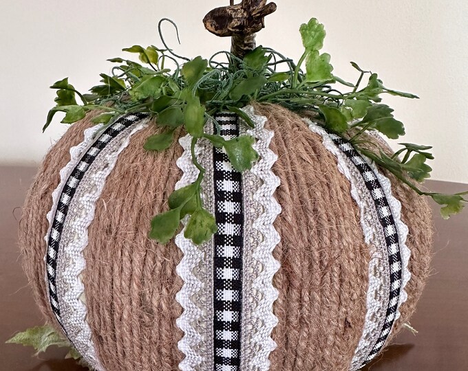 Handmade Jute and Ribbon Pumpkin: Buffalo Check Ribbon, Farmhouse Fall Decor