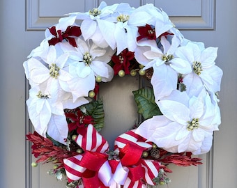 Large White Poinsettia Xmas Wreath , Christmas poinsettia wreath with Berries, Candy Stripe Bow, Red poinsettias, white poinsettia wreath