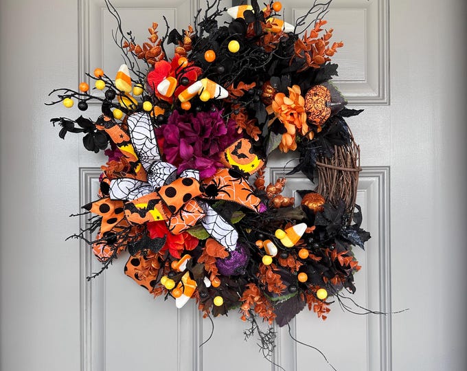 Halloween Wreath with Candy Corn & Bats: Family Friendly Front Door Decor
