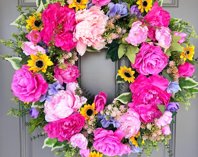 Pink Peony & Sunflower Luxury Spring Summer Garden Inspired Wreath
